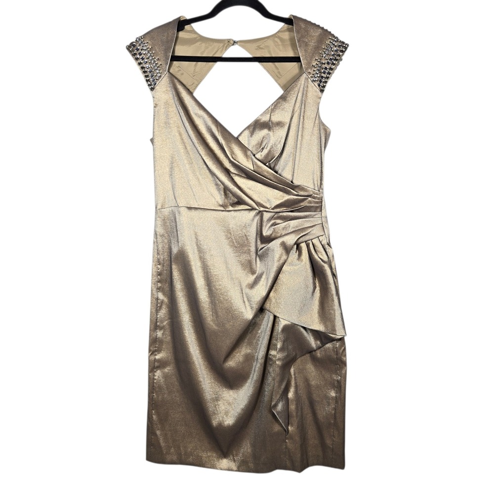 Maggy London‎ Cocktail Dress Womens 12 Gold Beaded Shoulder Metallic Formal